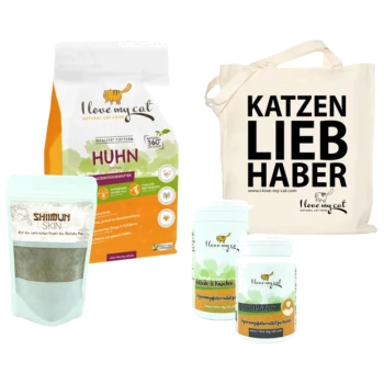 Katzenprodukte: 'Ich liebe meine Katze' Trockenfutter, 'Shimun Skin' Paket, 'Vitality' und 'Katzen & Knochen' Gläser, plus eine 'KATZEN LIEB HABER' Tasche.
