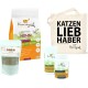 Katzenprodukte: 'Ich liebe meine Katze' Trockenfutter, 'Shimun Skin' Paket, 'Vitality' und 'Katzen & Knochen' Gläser, plus eine 'KATZEN LIEB HABER' Tasche.