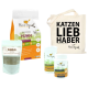 Katzenprodukte: 'Ich liebe meine Katze' Trockenfutter, 'Shimun Skin' Paket, 'Vitality' und 'Katzen & Knochen' Gläser, plus eine 'KATZEN LIEB HABER' Tasche.