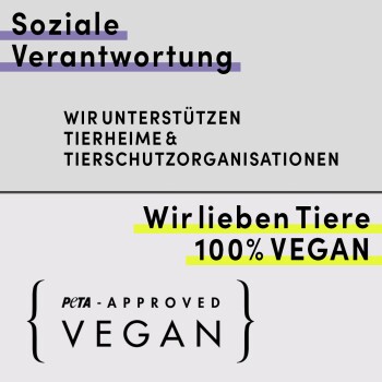 Bild, das die soziale Verantwortung eines Tiergeschäfts fördert, mit deutschem Text: "Soziale Verantwortung", "Wir unterstützen Tierheime" und einem veganen Logo.