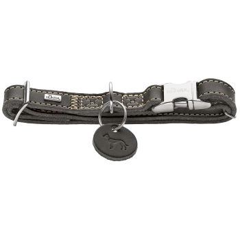 Graues Lederhalsband mit Metallverschluss, hellbrauner Naht, runder Marke mit eingeprägter Hundesilhouette und 'HUNTER'-Label.