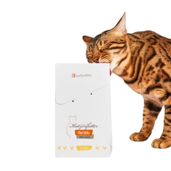 Bengalkatze leckt an einer weißen 'Lucky-Kitty'-Schachtel mit Filet-Sticks-Katzensnacks; Aufschrift '100% Huhn' und '4 x Huhn'.