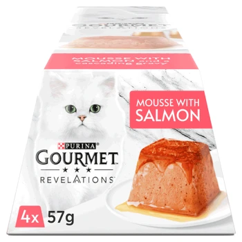 Purina Gourmet Revelations cat food packaging featuring a white cat, labeled "Mousse with Salmon," with a 57g portion shown.