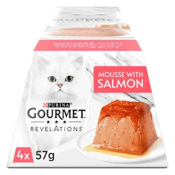 Purina Gourmet Revelations cat food packaging featuring a white cat, labeled "Mousse with Salmon," with a 57g portion shown.