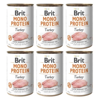 Sześć puszek karmy dla psów Brit Mono Protein Turkey, każda 400g, oznaczonych jako dieta z ograniczonymi składnikami odpowiednia dla psów z wrażliwym trawieniem.