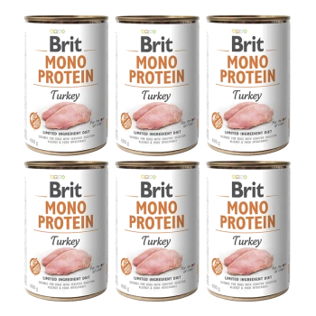 Sechs Dosen Brit Mono Protein Truthahn-Hundefutter, jeweils 400 g, gekennzeichnet als eine Diät mit begrenzten Zutaten, die für Hunde mit empfindlicher Verdauung geeignet ist.