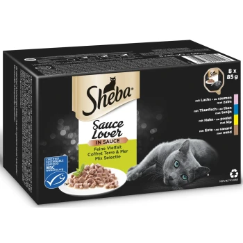Sauce Lover 8x85g Sheba Sauce Lover Katzenfutterverpackung mit einer grauen Katze, Nassfutter und Geschmacksrichtungen: Lachs, Thunfisch, Huhn und Ente.