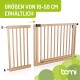 Holztiergitter mit verstellbarer Breite, erhältlich in Größen von 10-50 cm, mit dem Markennamen "bomi" im grünen Logo.