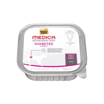 Diätetisches Haustierfutter für Hunde mit Diabetes, beschriftet mit "Medica Veterinary Diet Diabetes," 150 g, mit Hühner- und Rindfleischpastete.
