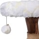 Weißer, flauschiger Katzenbaum mit einem hängenden Pom-Pom-Spielzeug, mit einem natürlichen Holzsockel und Sisal-Seilwicklung.