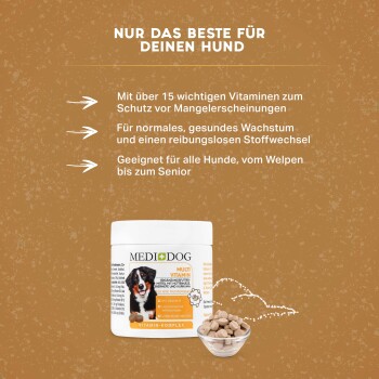 MediDog Multi Vitamin Nahrungsergänzungsmittel für Hunde, mit einem Behälter mit einem Hundebild und Text, der Vorteile und Eignung für alle Hunde hervorhebt.