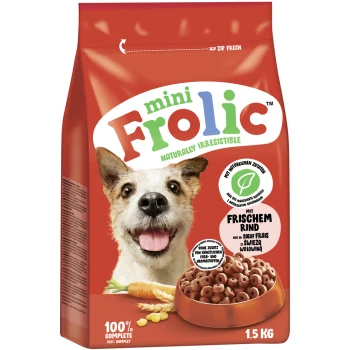 Sac rouge de nourriture pour chiens Mini Frolic avec un visage de chien heureux, avec le texte indiquant "Naturellement irrésistible" et "100% complet."