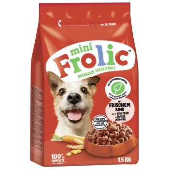 Sac rouge de nourriture pour chiens Mini Frolic avec un visage de chien heureux, avec le texte indiquant "Naturellement irrésistible" et "100% complet."