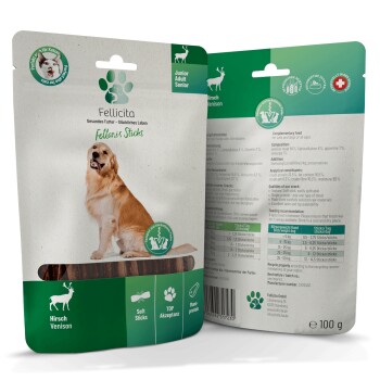 Fellicita Venison Hundesnack-Beutel, grün-weiße Verpackung mit Bild eines Golden Retrievers, Aufschrift 'Hirsch', 100 g.