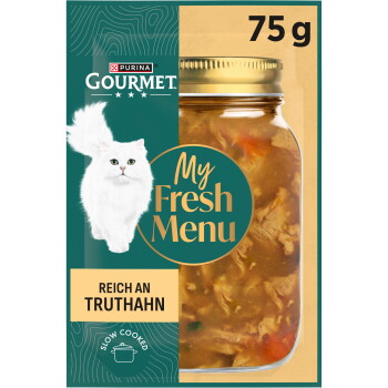 Purina Gourmet My Fresh Menu Katzenfutterglas 75 g, Abbildung einer weißen Katze, Aufschrift 'Reich an Truthahn' und 'Langsam gegart'