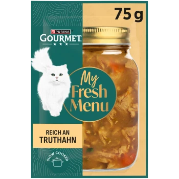 Purina Gourmet My Fresh Menu Katzenfutterglas 75 g, Abbildung einer weißen Katze, Aufschrift 'Reich an Truthahn' und 'Langsam gegart'