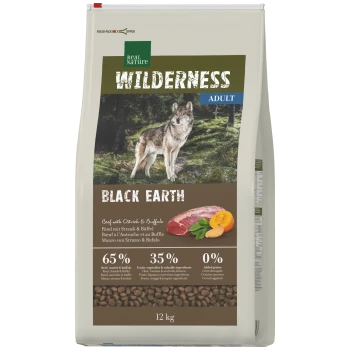 12-kg-Sack Real Nature Wilderness Adult 'Black Earth' Tierfutter mit Wolfsfoto, Fleischabbildung und 65%/35%/0%-Angaben.