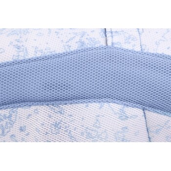 Nahaufnahme eines hellblauen Haustierbettes mit einem strukturierten Mesh-Stoff und einer weichen, gemusterten Oberfläche.