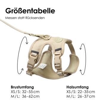 Beige Haustiergeschirr, das mit einer Größentabelle angezeigt wird; der Text enthält "Brustumfang" und "Halsumfang" Maße.