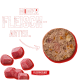 Rote Anzeige mit rohen Rindwürfeln und einem runden Fleisch-Patty für Tierfutter, Pfeil zeigt darauf; Text „HOHER FLEISCH-ANTEIL.“ und „FLEISCHESLUST“.