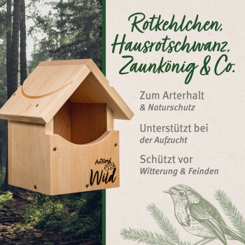 Holz-Vogelhaus mit einem geneigten Dach, mit Text über die Unterstützung der Tierwelt und Schutz vor Wetter und Raubtieren.