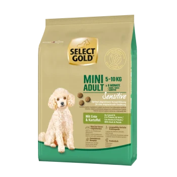 Select Gold Mini Adult dog food bag for dogs 5-10 kg, labeled "Sensitive," featuring a poodle and stating "With Duck & Potato."
