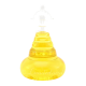 Eine klare Glasflasche mit einer einzigartigen Trichterform, gefüllt mit leuchtend gelber Flüssigkeit, beschriftet mit "Lunderland."