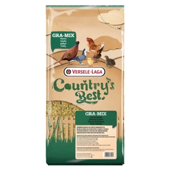 GRA-MIX Hennenmischung 20kg Eine Tasche von Versele-Laga Country's Best Gra-Mix für Geflügel, zeigt ein Huhn, Küken und Wachtel, mit einem grünen Produktetikett.