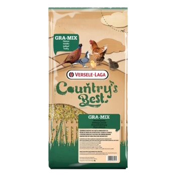 Un sac de Versele-Laga Country's Best Gra-Mix pour volaille, montrant un poulet, un poussin et une caille, avec une étiquette de produit verte.