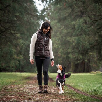 Eine Frau in einer braunen Weste und schwarzen Hosen geht mit einem Hund, der eine lila Jacke trägt, auf einem Waldweg, umgeben von Grün.