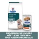 Hill's Prescription Diet Diabetes Care w/d Hundefutter, mit einer Tüte Trockenfutter und einer Dose Nassfutter, mit einem Hund auf der Verpackung.