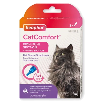 Beaphar CatComfort spot-on apaisant pour chats, mettant en vedette un chat gris duveteux et un texte sur le soulagement du stress et la technologie des phéromones.