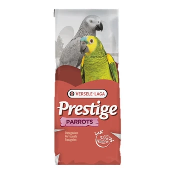 Ein Beutel Versele-Laga Prestige Parrots Vogelfutter mit einem grauen Papagei und einem grünen Papagei auf der Vorderseite.