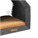 Ein gemütliches Haustierhaus mit einem dunkelgrauen Filzaußenbereich und einem weichen braunen Kissen im Inneren, mit einem kleinen Etikett, das 'rexproduct.com' liest.