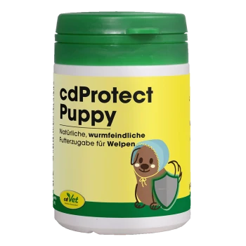 Weißes Glas mit grünem Deckel, beschriftet 'cdProtect Puppy', Cartoon-Welpe mit Haube hält einen Schild, dazu kleiner deutscher Text.