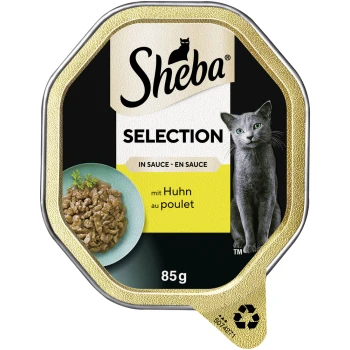 Wybór karmy dla kotów Sheba w sosie, z szarym kotem i talerzem mięsa, oznaczony "mit Huhn au poulet," 85g.