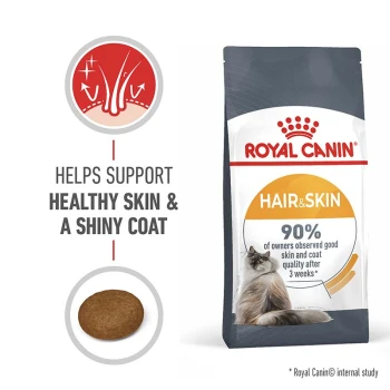 Royal Canin Hair & Skin cat food bag, featuring a graphic showing benefits for healthy skin and shiny coat, with a kibble piece.