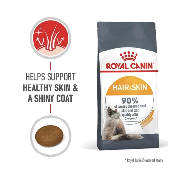 Royal Canin Hair & Skin cat food bag, featuring a graphic showing benefits for healthy skin and shiny coat, with a kibble piece.