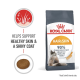 Royal Canin Hair & Skin cat food bag, featuring a graphic showing benefits for healthy skin and shiny coat, with a kibble piece.