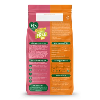 Back of Burgess Excel guinea pig food bag, pink/orange, shows "92% of vets recommend" badge and "Muesli FREE" label