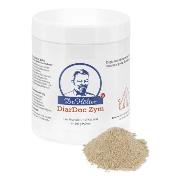 Weißer Behälter von Dr. Hölter DiarDoc Zym, ein Nahrungsergänzungsmittel für Hunde und Katzen, mit 40 g Pulver. Enthält Fleisch und tierische Nebenprodukte.