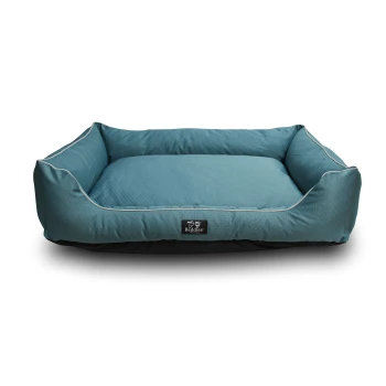 Teal pet bed with a hexagonal pattern and raised edges, featuring a black base and a "Beddies" logo tag.