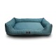 Teal pet bed with a hexagonal pattern and raised edges, featuring a black base and a "Beddies" logo tag.