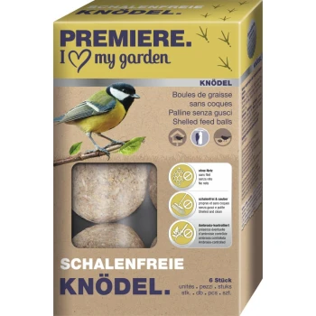 Schachtel mit der Aufschrift 'PREMIERE. I ♥ my garden', enthält geschälte Futterknödel für Vögel; Bild einer Meise und der Text 'SCHALENFREIE KNÖDEL'.