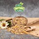Eine Holzschale mit bunten Samen und Körnern, von denen einige verschüttet sind, mit einer Schaufel und einer Blume, die das Logo "LYRA NATURE POWER" darüber zeigt.