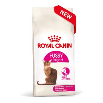 Royal Canin Fussy Exigent cat food bag with a cat image, labeled "Highly Appetizing" and "Tested and Approved by Owners of Fussy Cats."