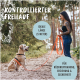 Eine Frau im Wald mit einem Golden Retriever an einer 5-Meter-Leine. Text: 'Kontrollierter Freilauf', 'Ideale Länge (5 Meter)', 'Für Rückruftraining.'