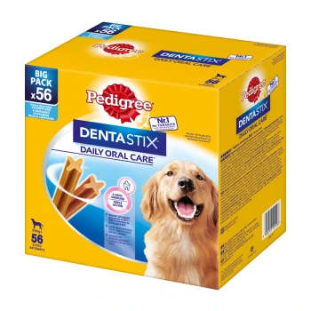 Pedigree Dentastix Daily Oral Care Großpackung mit 56 Sticks, mit einem glücklichen Golden Retriever auf der Vorderseite.