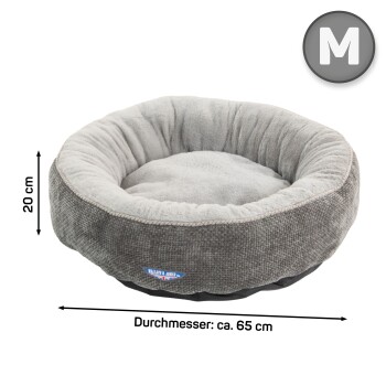 Graues Haustierbett mit weichem Innenfutter, 20 cm hoch und etwa 65 cm im Durchmesser, mit der Größe "M" gekennzeichnet.