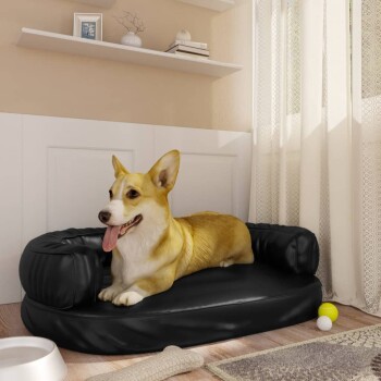 Ein entspannter Corgi, der auf einem schwarzen Hundebett in einem gemütlichen Raum mit hellen Vorhängen, einem Hundenapf und Spielzeug in der Nähe liegt.